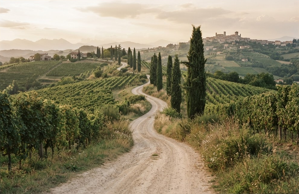 A narrow country road winding between vineyards and cypress trees in Friuli